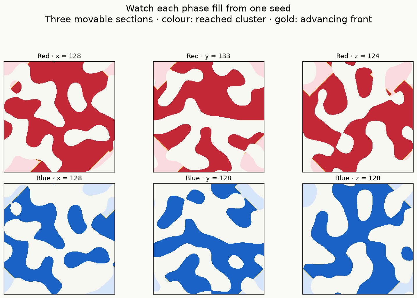 Three full-resolution sections show red and blue phase clusters filling from their respective seeds
