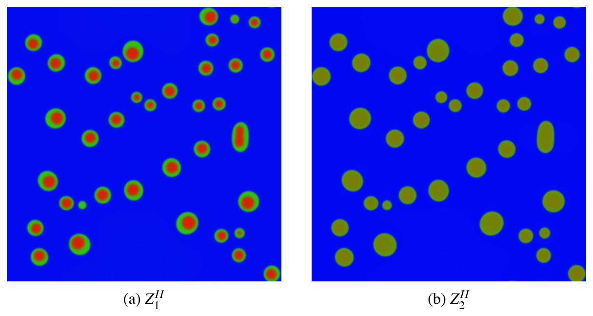 Red cores with green shells in a blue matrix on the left; green precipitates with dissolved red cores on the right.