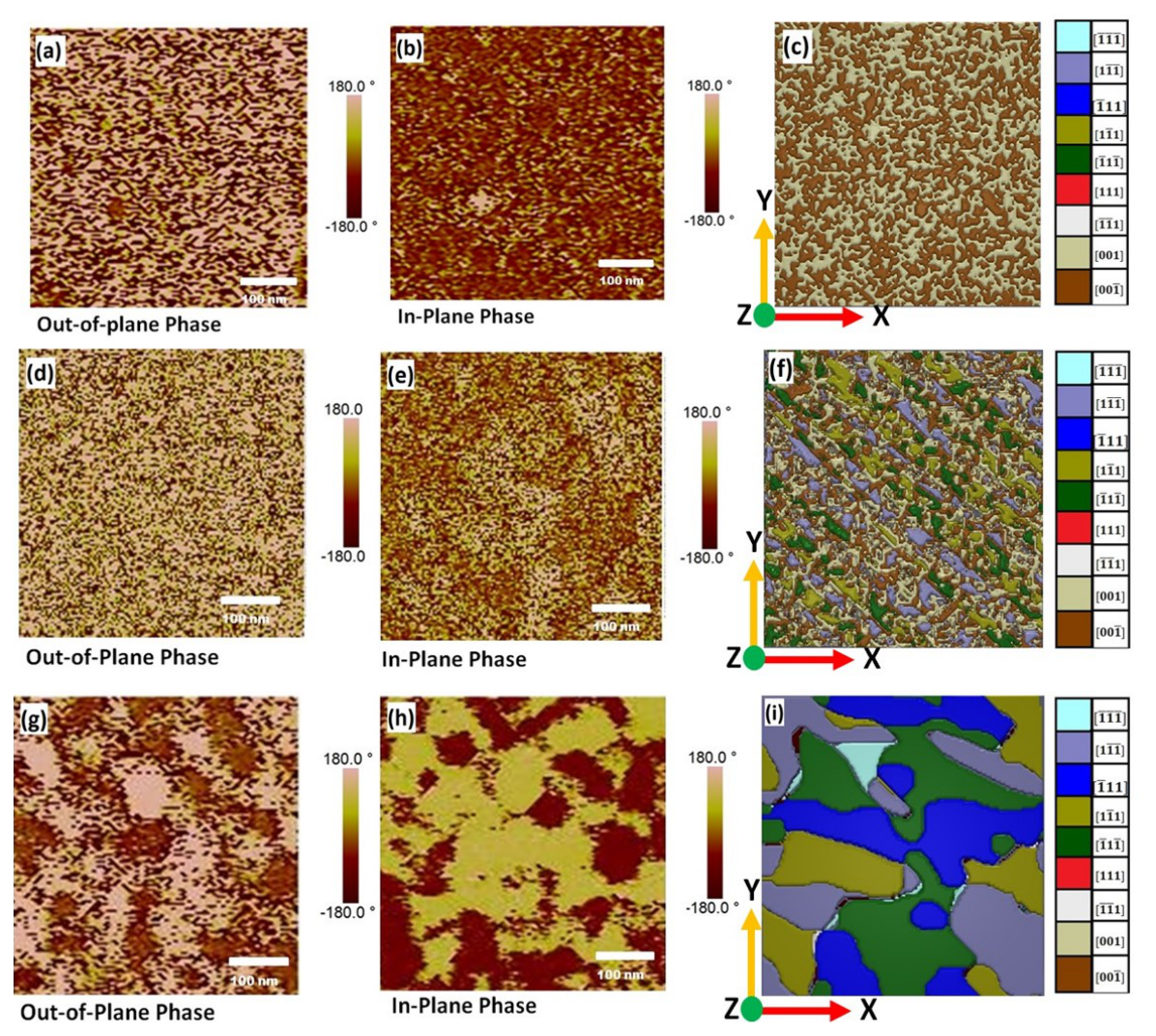 Three rows compare BFO thin-film domains: experimental out-of-plane PFM images in the left column, in-plane PFM images in the middle, and phase-field simulations on the right. Rows show tetragonal-like, mixed-phase and rhombohedral films.